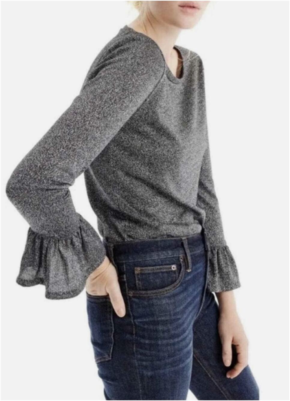 JCrewTop WMNS L Grey/Silver Sparkle Bell-Sleeve Top Boho Romantic Casual Chic